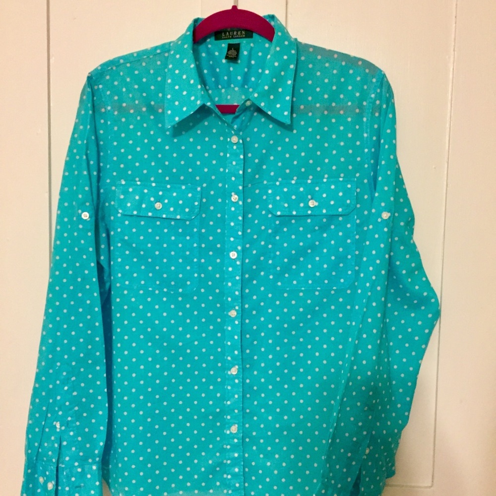 Lauren Ralph Lauren Turquoise Polka Dot Button Down Shirt - Large
